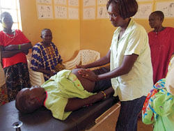 研修中に体調不良の妊婦さんが診療所に来たので、実地研修として産婆さんに説明しつつ、診察しました