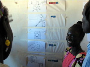 排便について議論する参加者 排便について書かれた手書きの絵をみて議論します