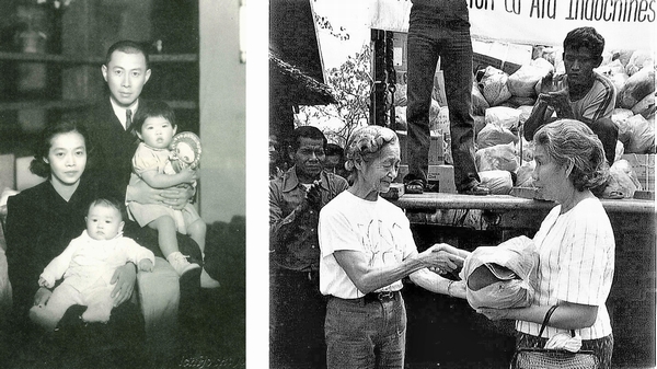 左は夫婦と子ども二人の記念写真。右は女性が女性に物資を手渡している写真