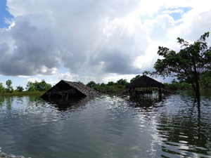 湖のような水面から家の屋根が見える