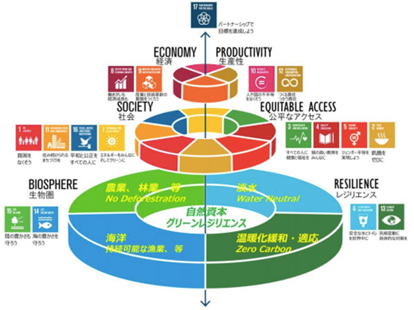 ウェディングケーキの形になぞらえ、SDGsが成り立つ一番下の土台が自然資本など、真ん中が社会、一番上が経済、などの例が図で示される