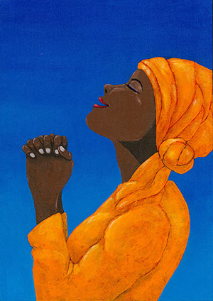 アフリカに暮らす女性が鮮やかなオレンジ色の服をまとい、手を組んで空に向かい願っている